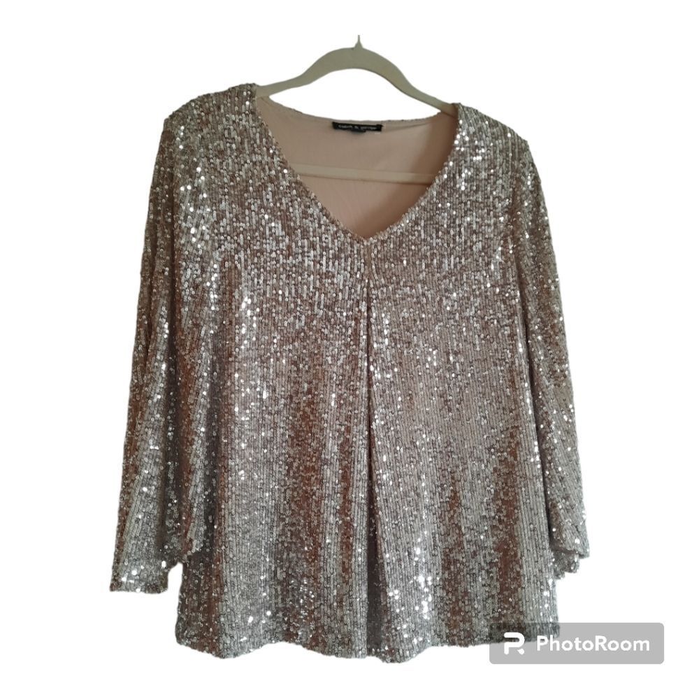 Cable And Gauge Sequin Bell Sleeve Special Occasion Blouse Top
